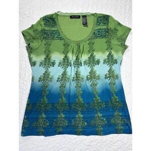 Axcess Liz Claiborne Green Blue Ombré Sheer Layered Short Sleeve Blouse size xl